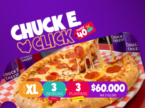 COMBO PIZZA XL + 3 BEBIDAS + 3 PLAYPASS | CHUCK E. CLICK