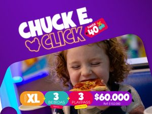 COMBO PIZZA XL + 3 BEBIDAS + 3 PLAYPASS | CHUCK E. CLICK